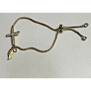 Gold Tone Adjustable Slider Bracelet CZ Cross Angel Wing and Crystal Charms
